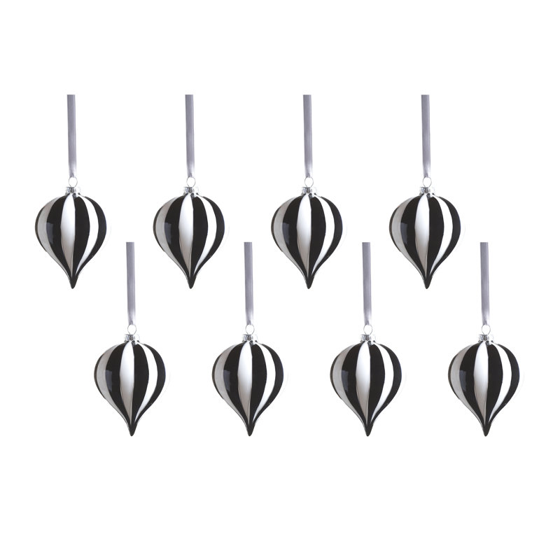 Ensemble d'ornement en verre 8 pièces à rayures monochromes, goutte d'eau, H 4,25 po x l 3,25 po x P 3,25 po
