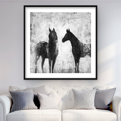Chevaux noirs et blancs - reproduction encadrée mate pour la décoration intérieure