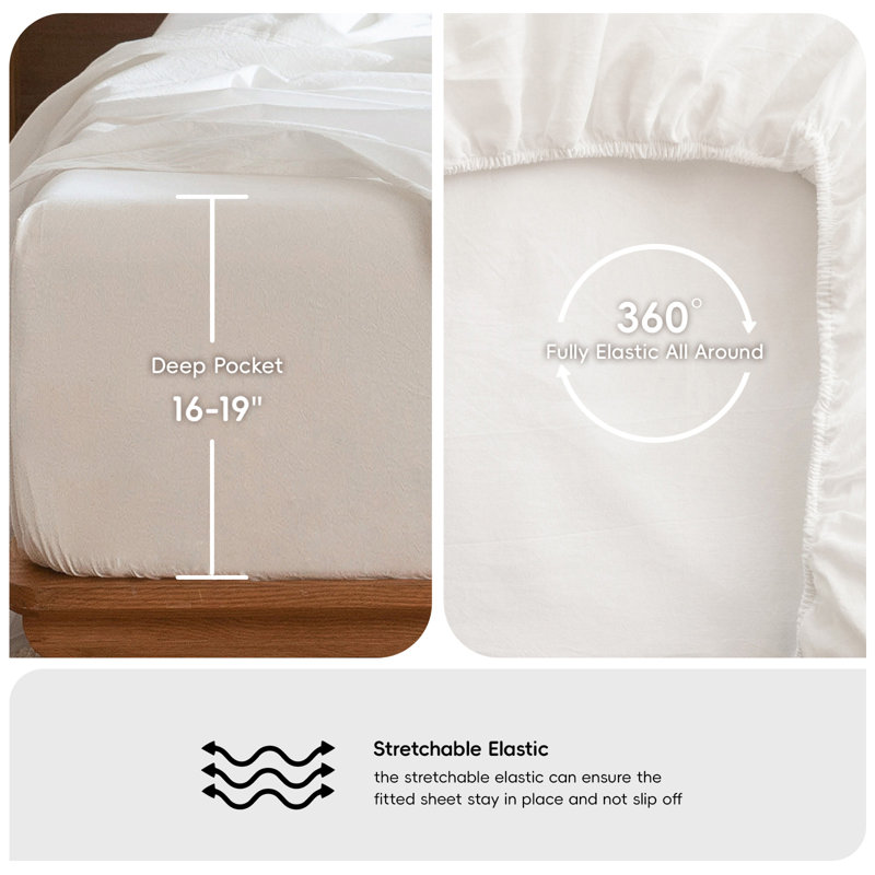 Drap-housse MooMee 100% coton lavé extra profond, Blanc cassé, Très grand lit