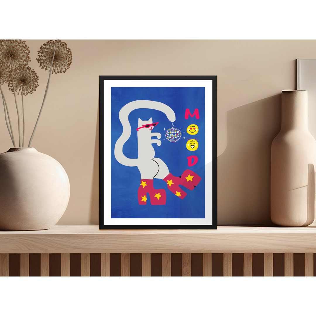 Dancing Cat Groovy Vibes with Disco Mood Art Framed Poster