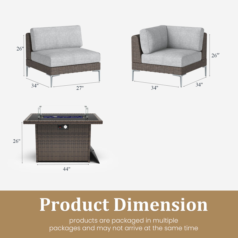  7-Piece Outdoor Modular Wicker Sectional Sofa with Fire Pit Table, Patio Furniture Conversation Set with Deep Seating and Thick Cushions