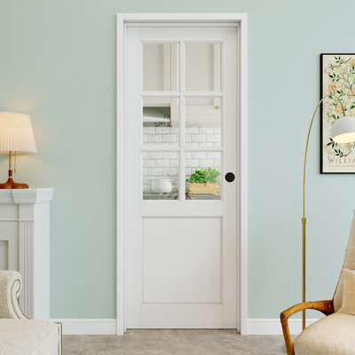 30" x 80" 6-Lite Clear Glass Interior Prehung Door with Round Knob and Black Hinges, Clear Glass Door Slab, Paintable & Waterproof, Suit for Laundry, Closet Doors, Room Doors, Left Hand