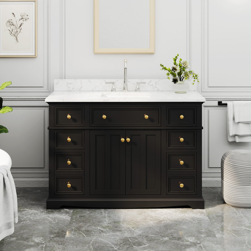 Meuble-lavabo simple Barnhart 48 po entièrement assemblé avec comptoir en pierre reconstituée, lavabo en céramique, peinture à la main, tiroirs à fermeture amortie sous le meuble et charnières de porte à fermeture amortie, dosseret inclus