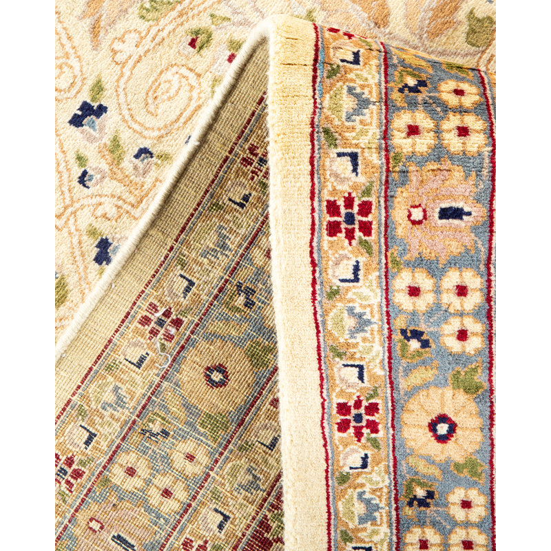 Tapis ivoire en laine noué à la main de conception unique 8 pi 2 po x 16 pi 1 po Lieza Mogul