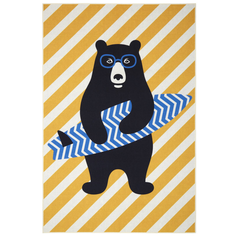 Erico Surfer Bear Kid's Washable Area Rug 3'X5', Multi/Gold/Blue, Rectangle 4' x 6'