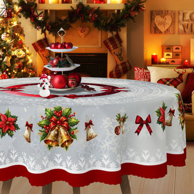 1 nappe ronde / rectangulaire en polyester de 1 pièce, nappe de Noël avec pin, bonhomme de neige, camion, bord embosé, décorations de Noël pour table à manger, décoration de table de fête festive, cadeau de fête parfait