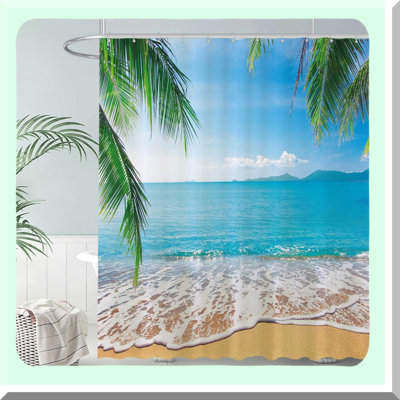 Tropical Beach Oasis Shower Curtain - 72x72 Summer Seaside Scene with Palm Trees, Ocean Island, and Durable Bathroom Decor