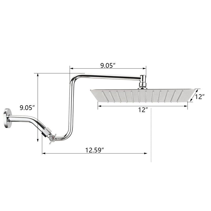 12" Square Showerhead With Adjustable Arm - Stainless Steel, Waterfall Effect, Luxury Bathroom Accessory 12 Inch Rain Shower Head Robust 2 Gpm Max Flow, Self-Cleaning Feature