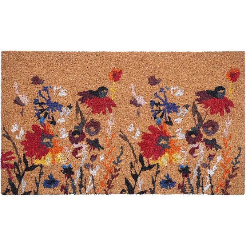 17" X 29" Natural Red and Yellow Coir Floral Outdoor Door Mat