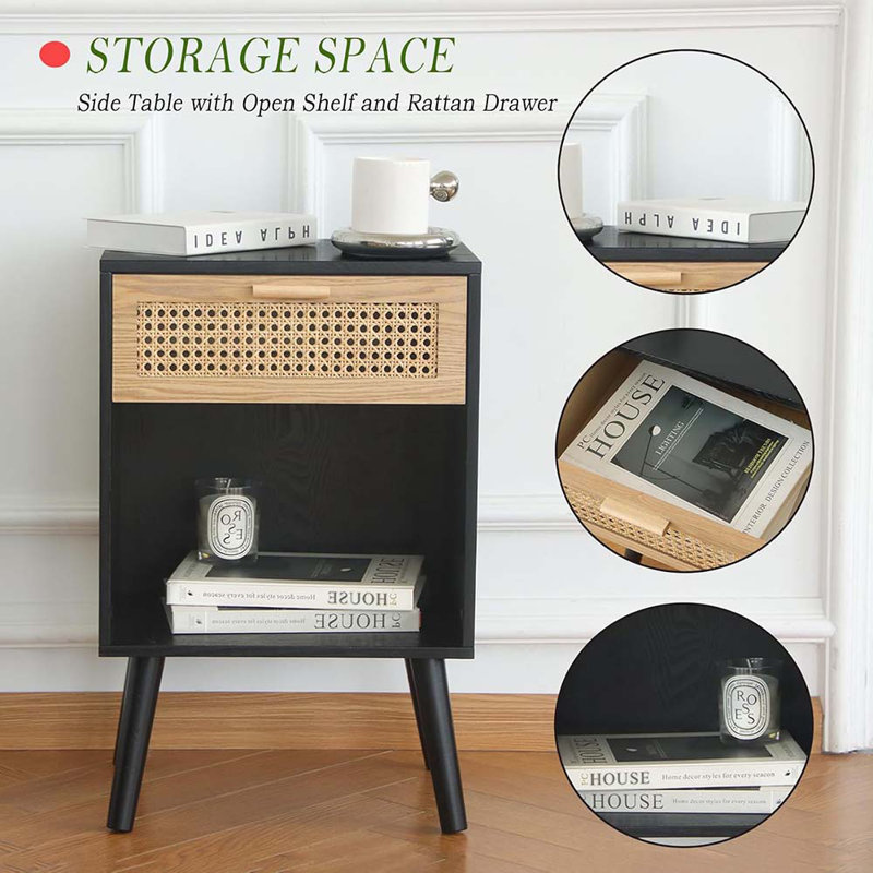 Rattan Side Table, Small Bedside Tables Natural Wood Nightstand With Drawer And Open Shelf, Modern Nightstand With Solid Legs
