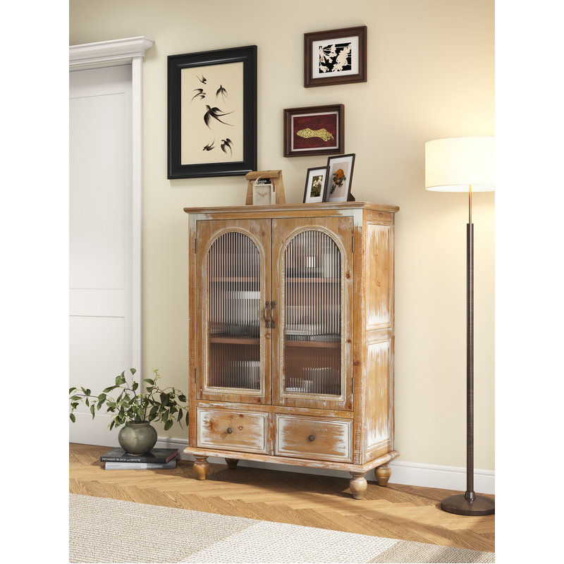 Armoire de rangement rustique brun et blanc antique, garde-manger en bois vieilli de style campagnard, armoire de rangement autoportante avec 2 portes en verre, 2 tiroirs et tablettes intégrées, idéale pour le rangement dans la cuisine, la salle à manger et le salon
