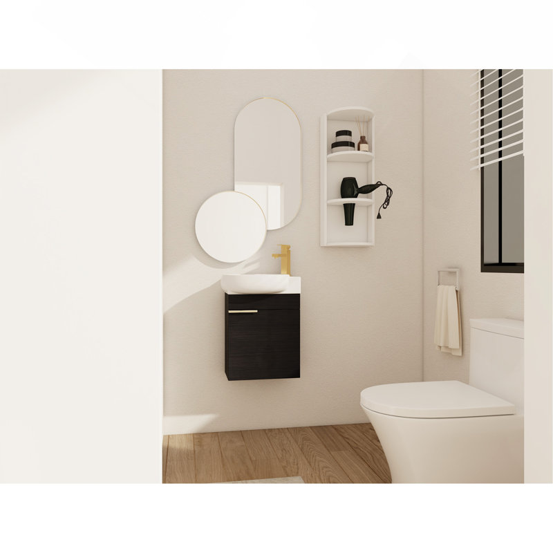 Meuble-lavabo à fermeture en douceur avec lavabo et support de rangement, 16 po pour petite salle de bain, Noir