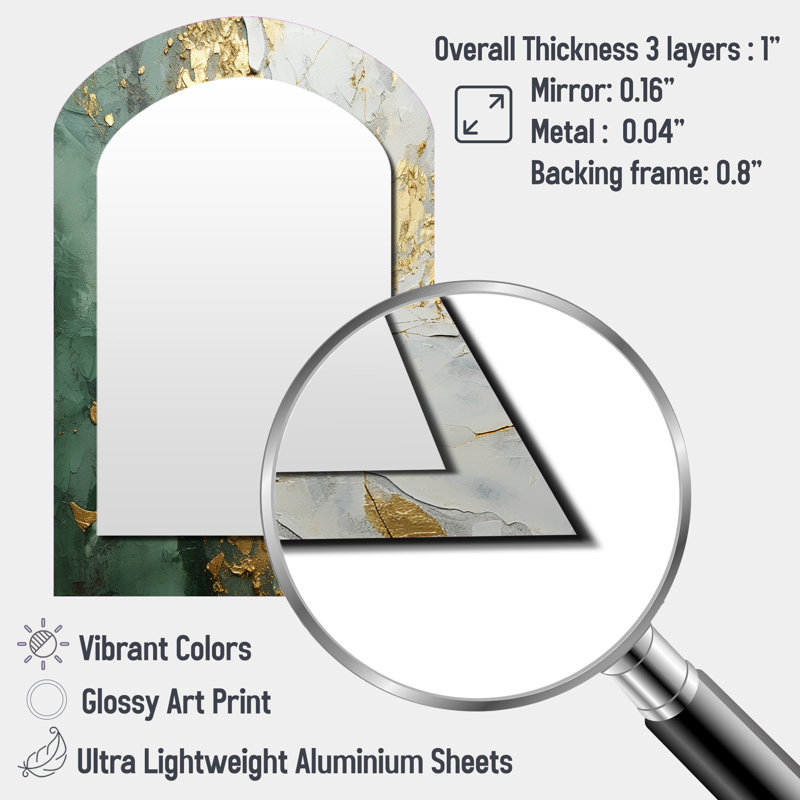 Gold And Green Paint Fusion - Abstract Painting Asymmetrical Mirror, Beige Arch Decorative Wall Mirror, Printed Metal Art