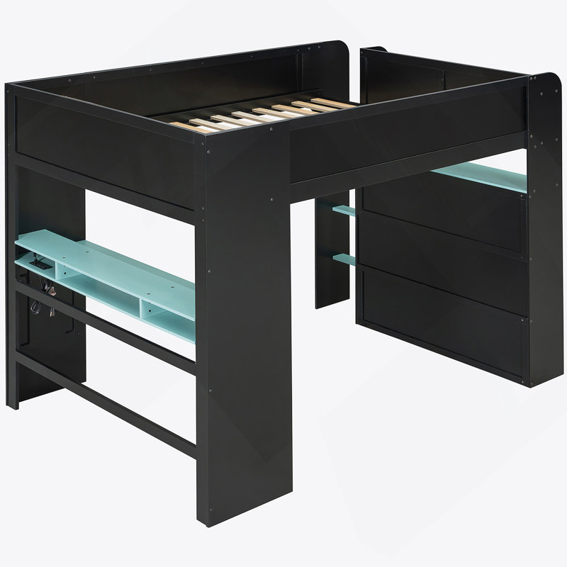 Full Size Kohlton Bunk Bed With Height-Adjustable Desk,Wardrobe,Ample Storage Space,And RGB Light, Blue(OLD SKU:LT000266AAC)
