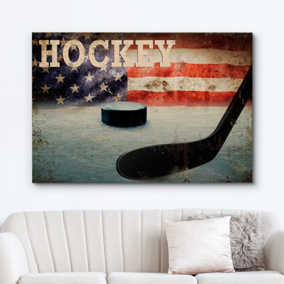 Bâton de hockey rétro avec drapeau américain, photographie de sport, art moderne, urbain contemporain