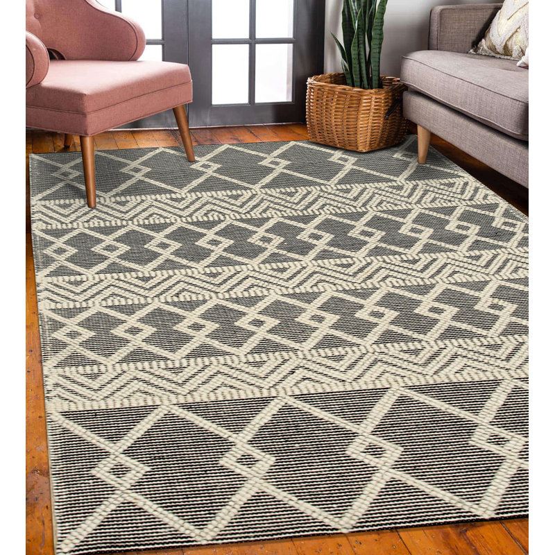 Modern Kilim Black Handmade Wool Contemporary Geometric Area Rug, Rectangle 5' x 8'