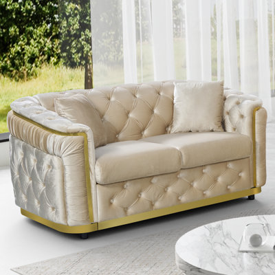  Causeuse de luxe en velours Chesterfield de 63 po avec accoudoirs dorés