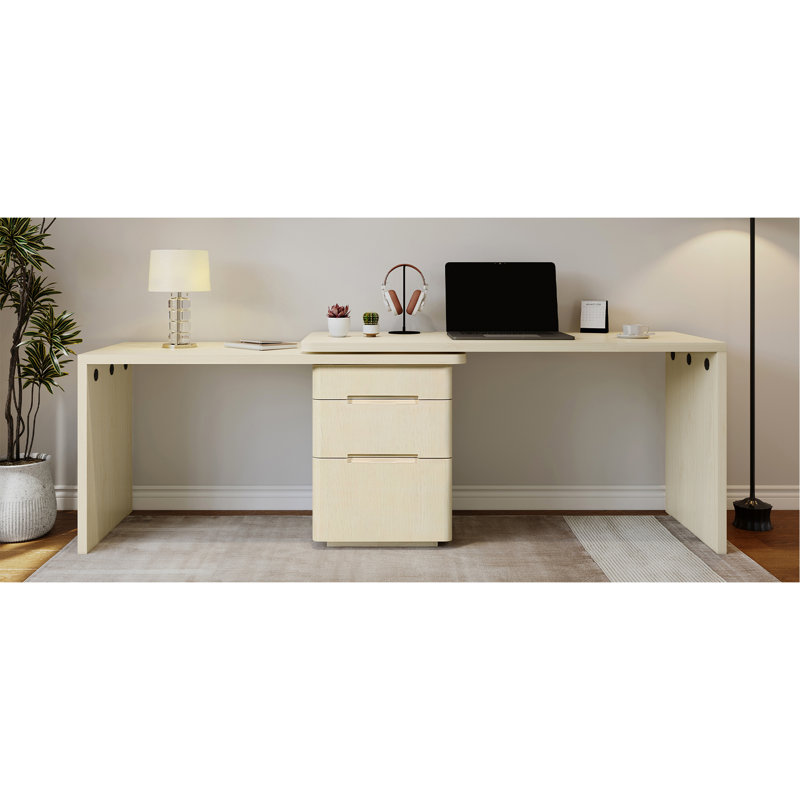 Bureau moderne en L 90 po en bois naturel avec 3 tiroirs, bureau pivotant à 360 ° en bois, bureau de direction, bureau d'angle, bureau d'étude, pour le bureau à domicile ou le salon