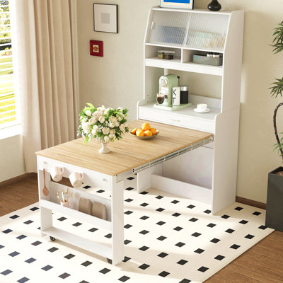 Buffet With Hutch And Foldable Dining Table, Multifunctional Cupboard With Storage Shelf And Side Hooks