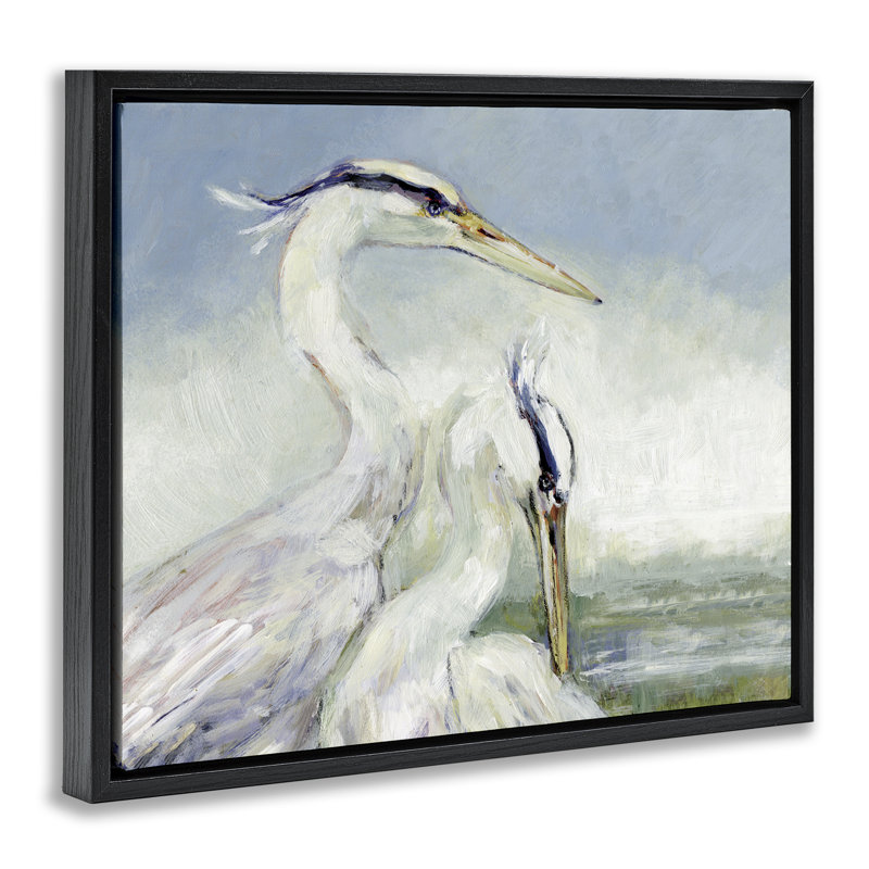 «Scenic Beach with Two Egrets Floater», art mural par Susan Winget, H 25 po x l 31 po, Cadre flottant noir de jais