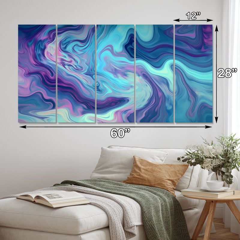 Turquoise mauve marbré Fusion I - décoration murale abstraite - 5 panneaux égaux