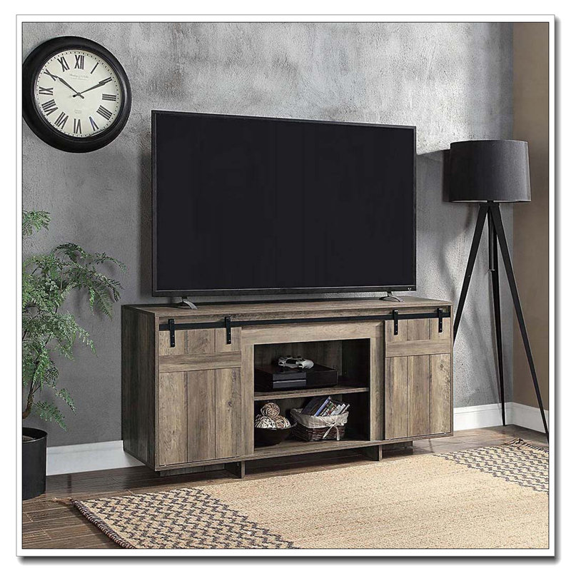 Grey Washed TV Stand with 2 Sliding Barn Doors