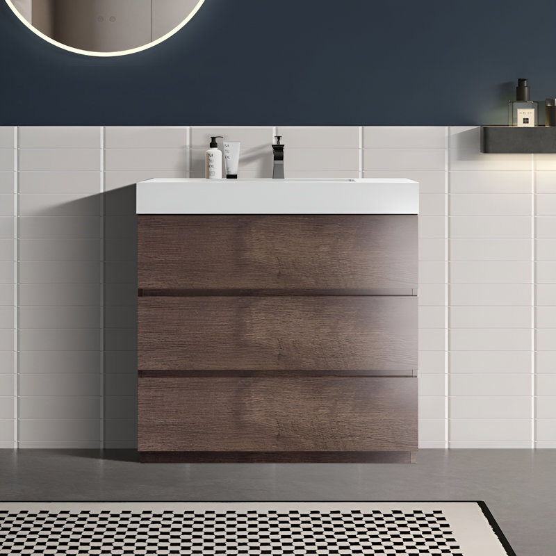 Meuble-lavabo sur pied simple Deandrick, Noyer, Blanc lustré, 36"