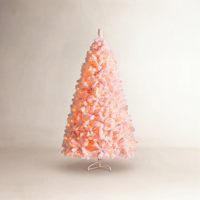 Arbre de Noël artificiel floqué pré-éclairé avec base pliable, 7.5'