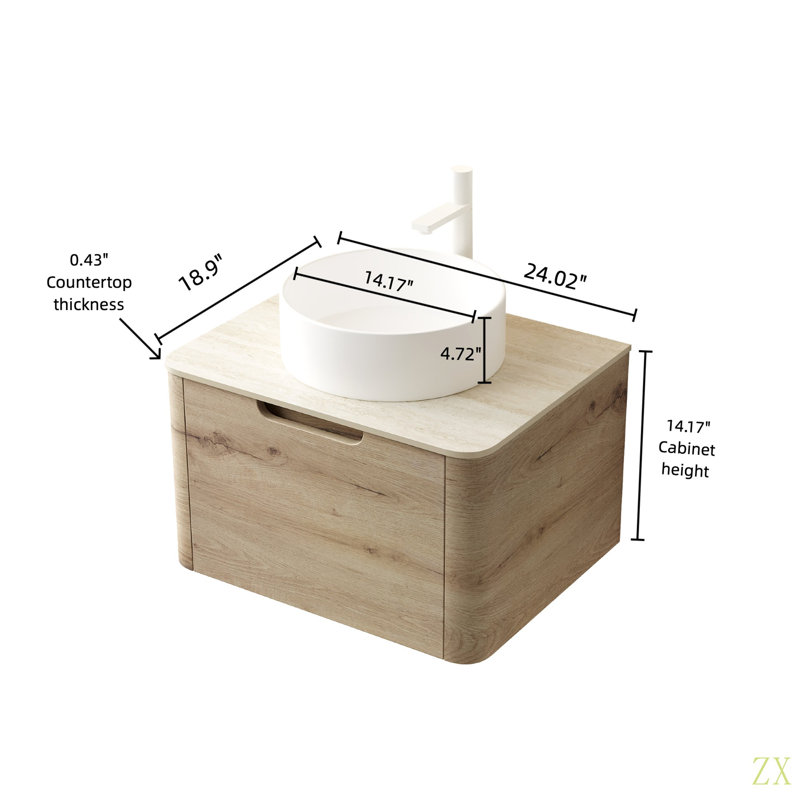 Meuble-lavabo de 24 po avec lavabo, armoire de rangement murale en contreplaqué avec tiroir, lavabo rond en céramique et plateau en pierre à motif de travertin Roma pré-assemblé