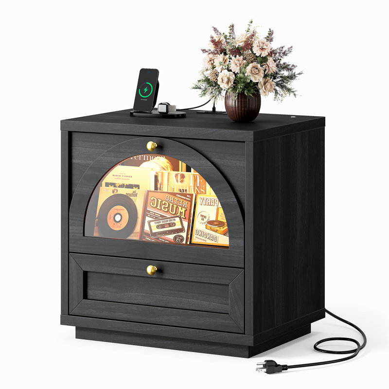21.26'' W Nightstand With 2 Drawers Charging Station & Led Lights For Bedroom Living Room
