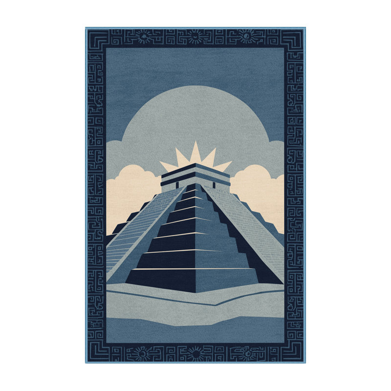 Machine Washable Pelico Teotihuacan Pyramids Global Inspired Block Print Rug in Blue – BabyBlue Binding, 7x9