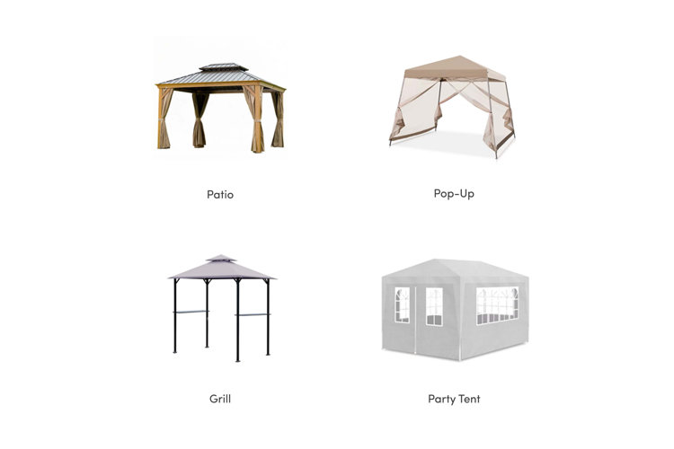 A collage that displays each gazebo type, labeled, including patio, pop-up, grill, or party tent designs.