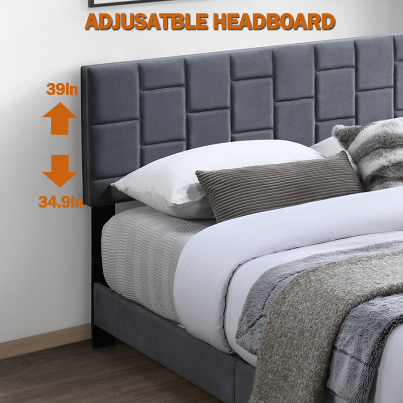 Velvet Platform Bed Frame With Adjustable Headboard, Queen, Gray