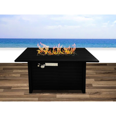 Table de foyer d'extérieur en acier de 24 po de hauteur avec propane - noir, base à lattes aérée, couvercle, pierres de lave, perles de feu en verre, flamme réglable, fosse de chauffage compatible avec une terrasse, faite de propane,