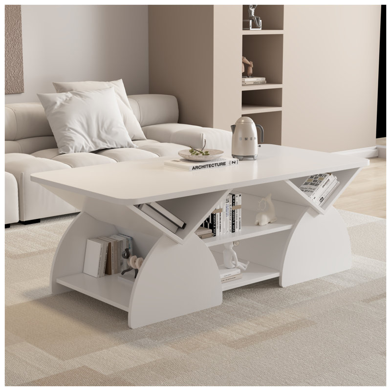 Table basse moderne blanche avec tablettes de rangement - Table de centre rectangulaire de conception géométrique pour le salon