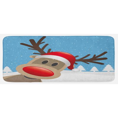 Reindeer Rudolph With Red Nose And Santa Claus Hat Snowy Forest Pale Blue Red Pale Brown Kitchen Mat -  East Urban Home, 786305AF385B440BBA857708A869DC1F