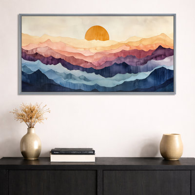Beige Blue Abstract Sunset Peaks – Modern Framed Canvas Print, Nature Large Wall Art