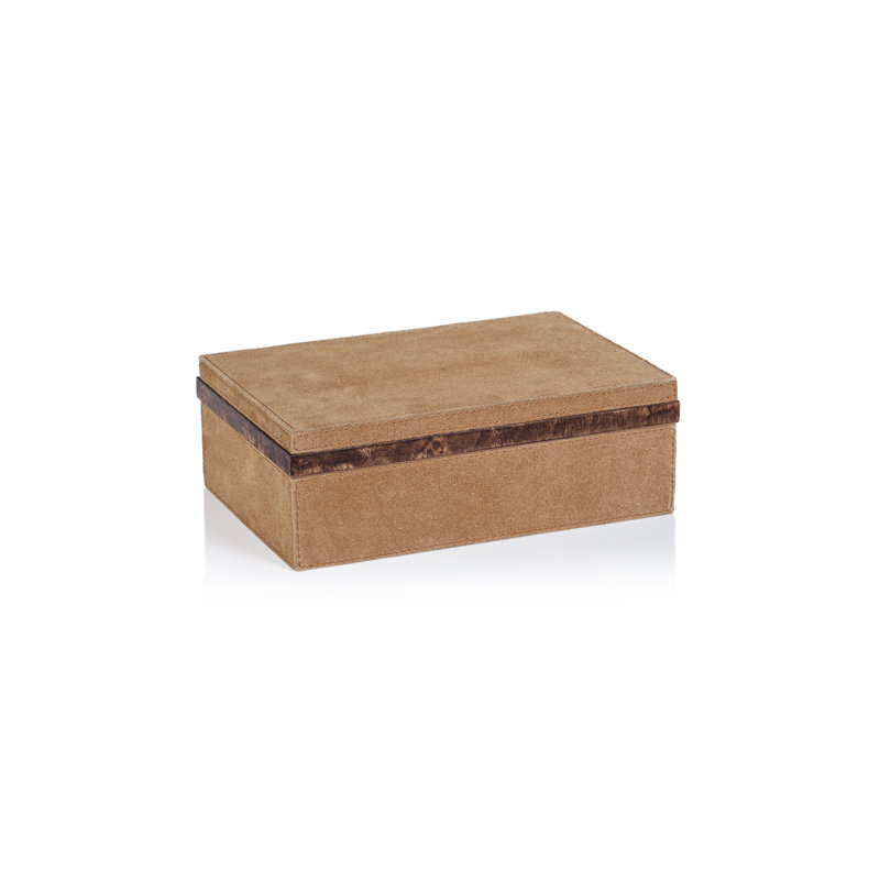 Boîte décorative en suède avec bordure en bois de ronce, H 3,5 po x l 9,75 po x P 6,75 po