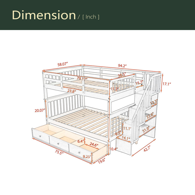 Lit superposé en escalier avec tiroir, rangement et garde-corps pour chambre à coucher, Gris