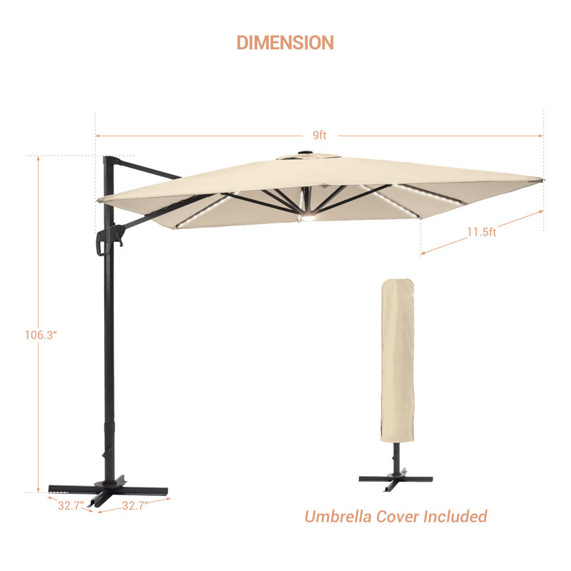 Parasol rectangulaire en porte-à-faux avec éclairage 137,7 po x 107,9 po Sedanur, Sable