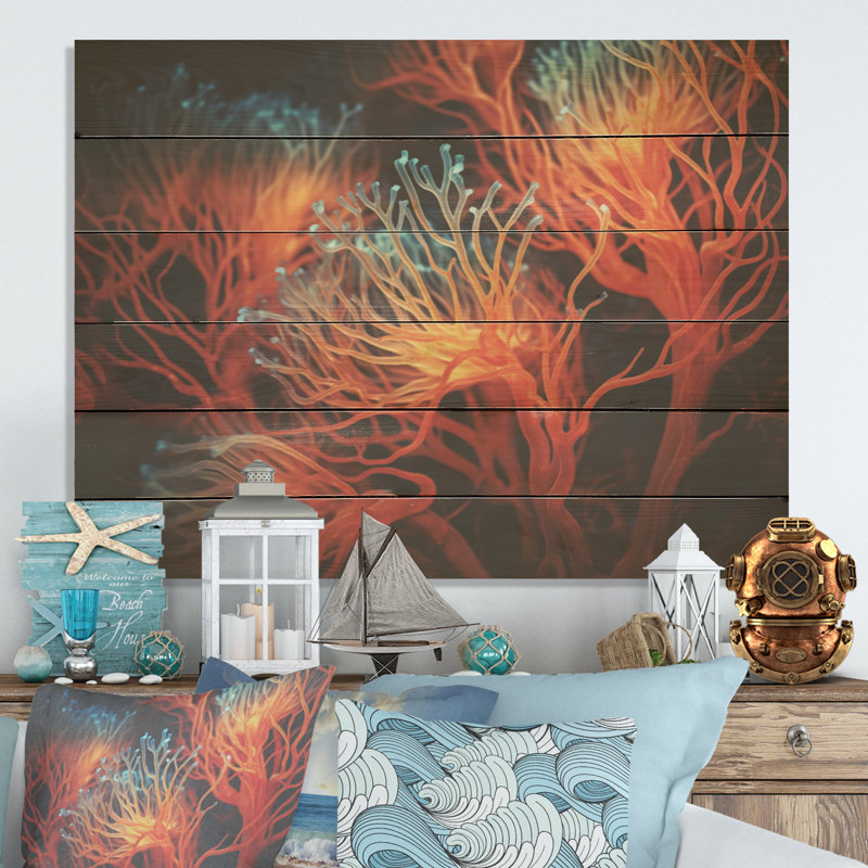 Colourful Red Anemone Reef - Coastal Coral Under Water Wood Wall Art On Natural Pine Wood, 30" H x 40" W