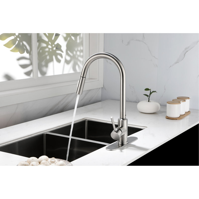 Kitchen Faucet With Pull-Down Spray - Brushed Nickel, Stainless Steel, 360 Rotating Nozzle For Hassle- Water Access, Single Handle Temperature And Flow Adjustment, Rust Coating Pull Down User- Flow,
