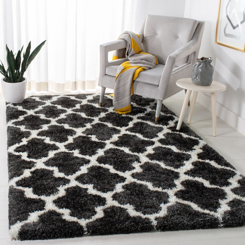 Tapis à poils longs en coton / polyester noir / ivoire, Rectangle 4 pi x 6 pi