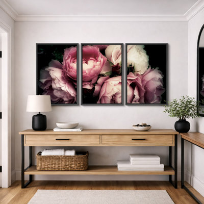 Flower Blossom "Pink Rose Peony Bouquet Artwork, Modern Moody Floral Wall Pictures, Framed Canvas Giclée Print 3 Pieces Wall Art" 16"x24"x3 pcs, 24"x36"x3 pcs