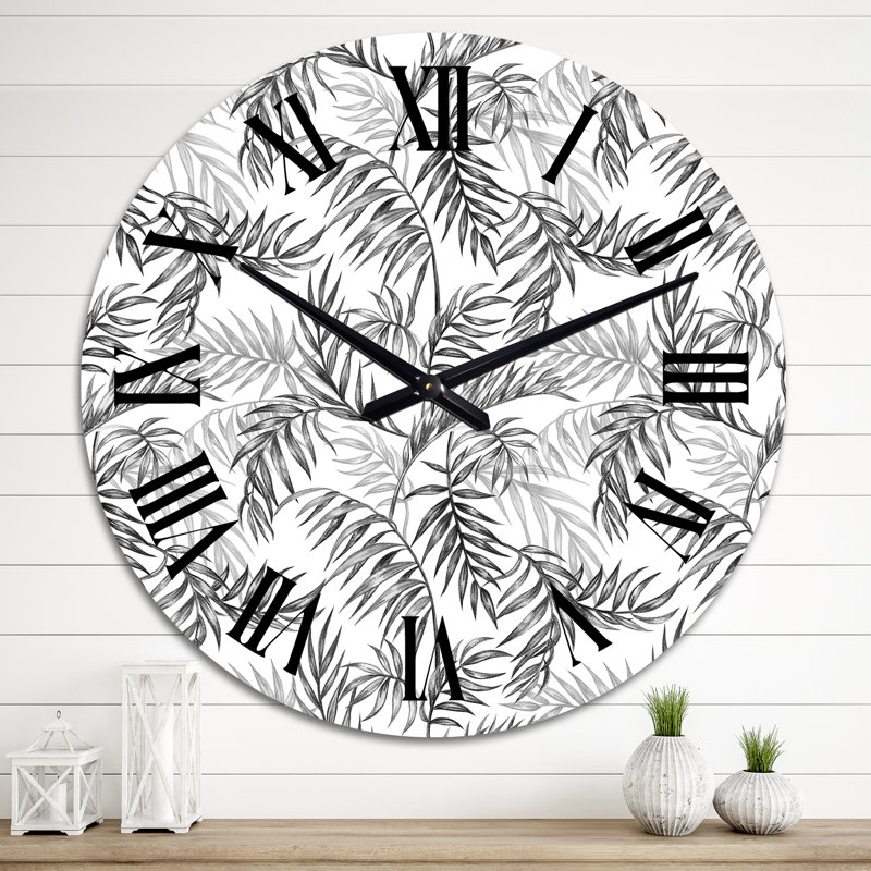 Horloge murale à motif de feuilles de palmier noires et blanches sur fond blanc, Grand