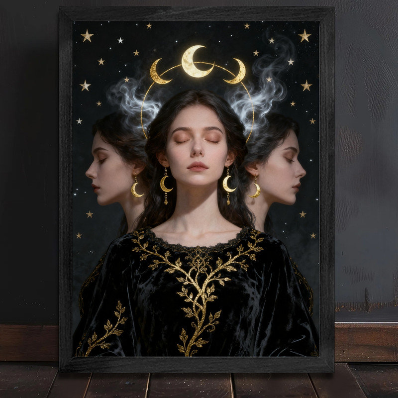 Art mural encadré noir, déesse de la lune rétro, impression de cadre mystique gothique céleste, H 11 po x l 9 po