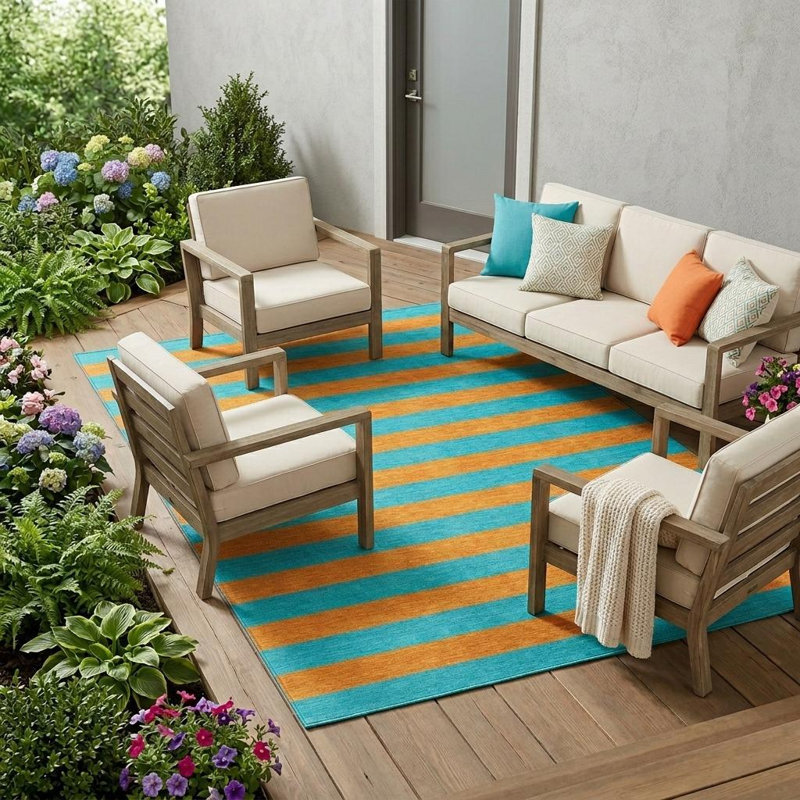 Tapis extérieur lavable à rayures antidérapant 10 pi x 14 pi Aqua