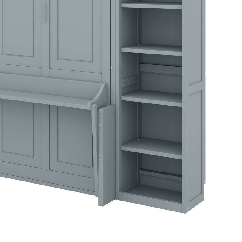 Grand lit escamotable avec bureau et bibliothèque, Gris, Grand lit