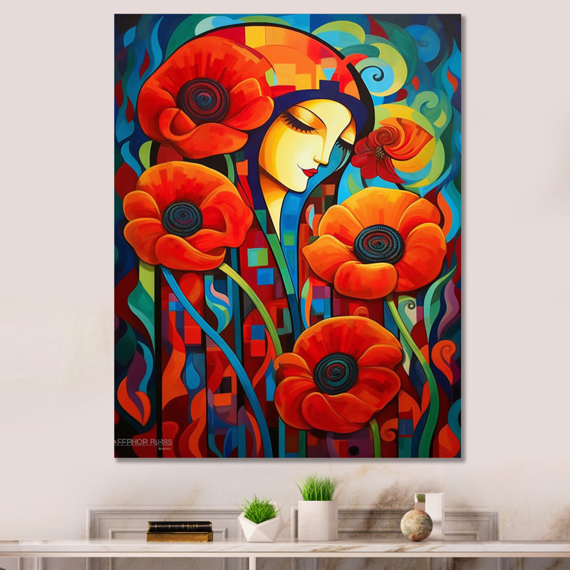 «Couple Portrait Blossoming Retro Red Poppies», reproduction sur toile, H 44 po x l 34 po x P 1,5 po, Toile tendue