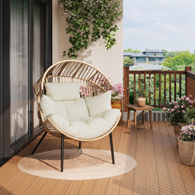 Fauteuil oval en osier surdimensionné avec coussin épais, chaise berçante ergonomique en rotin, structure en acier de 350 lb pour l'intérieur, l'extérieur, le patio et le salon